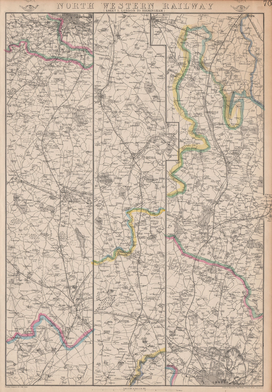 NORTH WESTERN RAILWAY 1. London to Rugby, Coventry & Birmingham.WELLER 1863 map